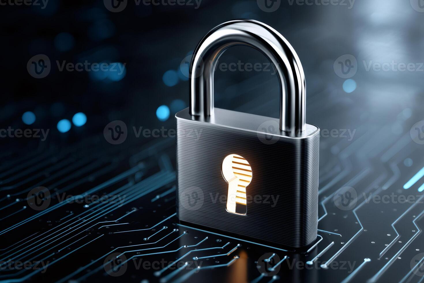 Padlock protecting digital data on circuit board, cybersecurity concept photo
