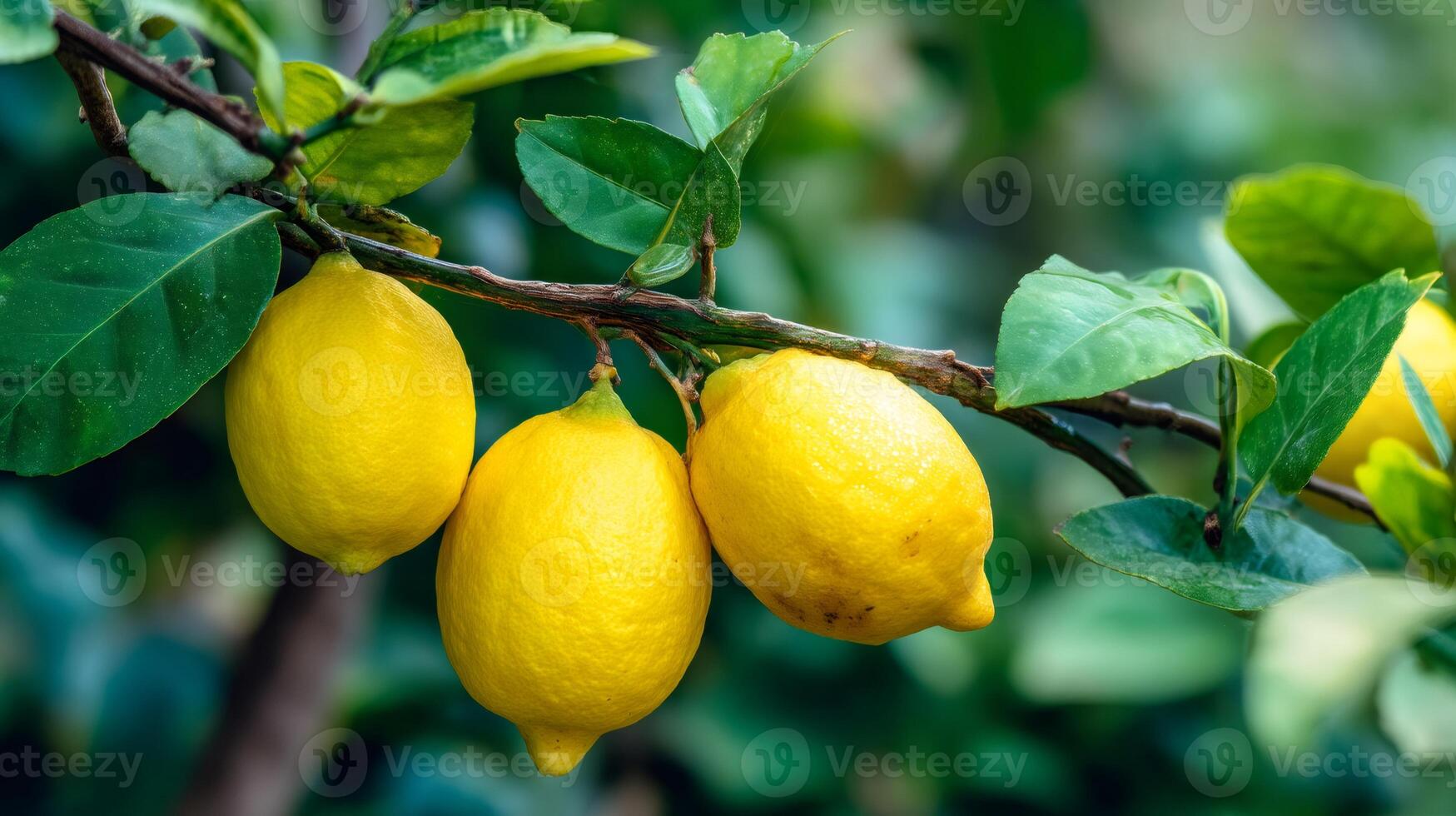 Ripe yellow lemons hanging on branch in orchard photo