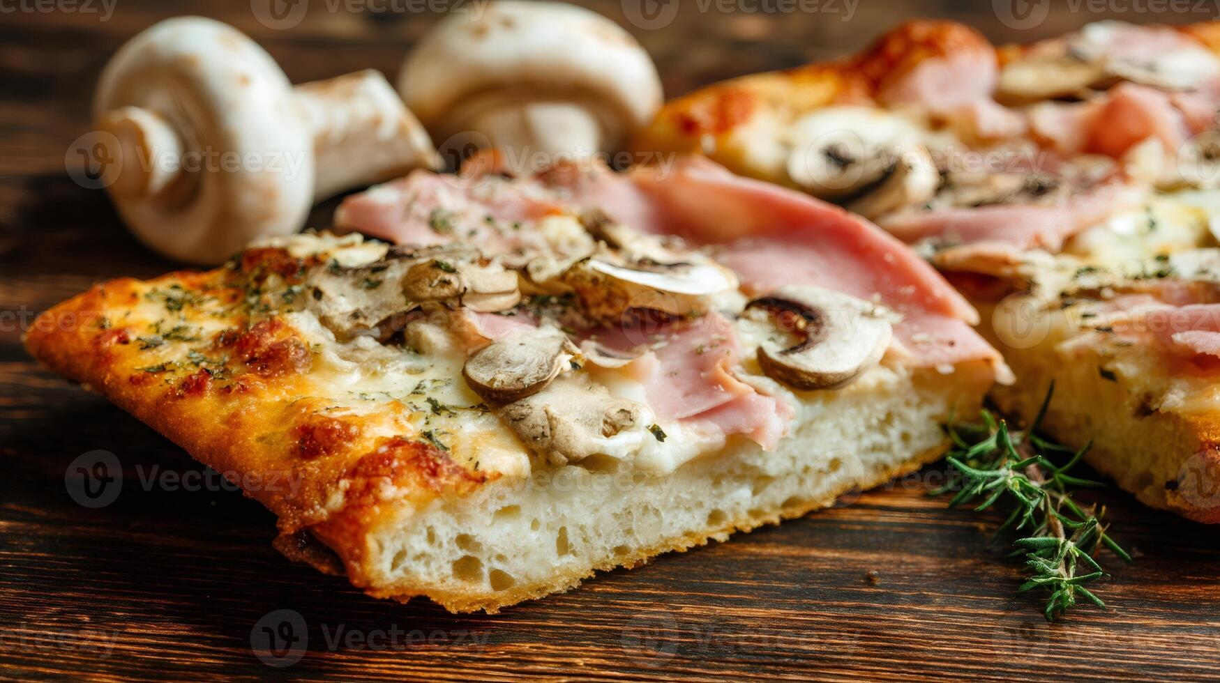 Delicious square pizza with ham and mushrooms resting on wooden table photo