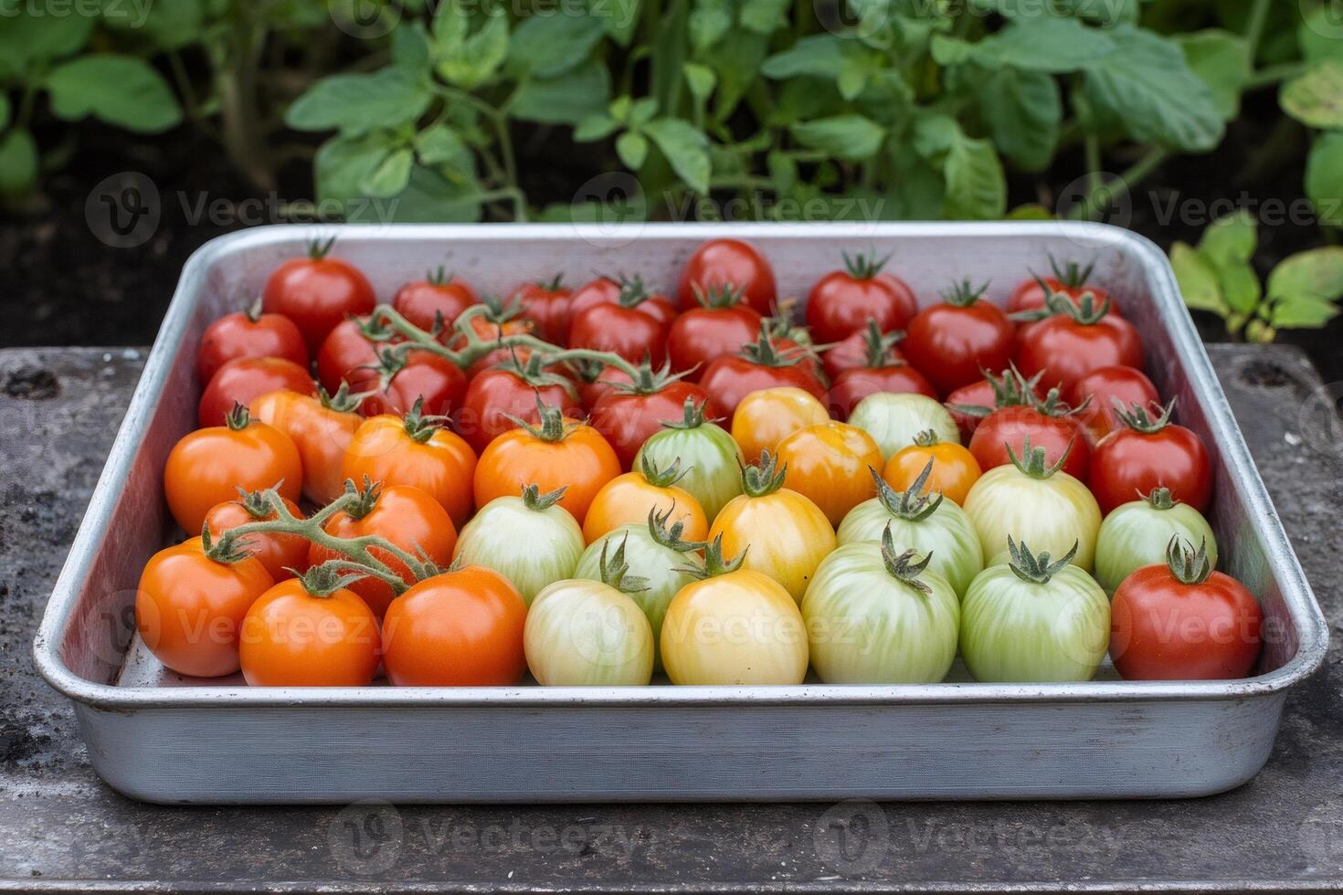 Freshly picked tomatoes displayed on metal tray in garden setting photo