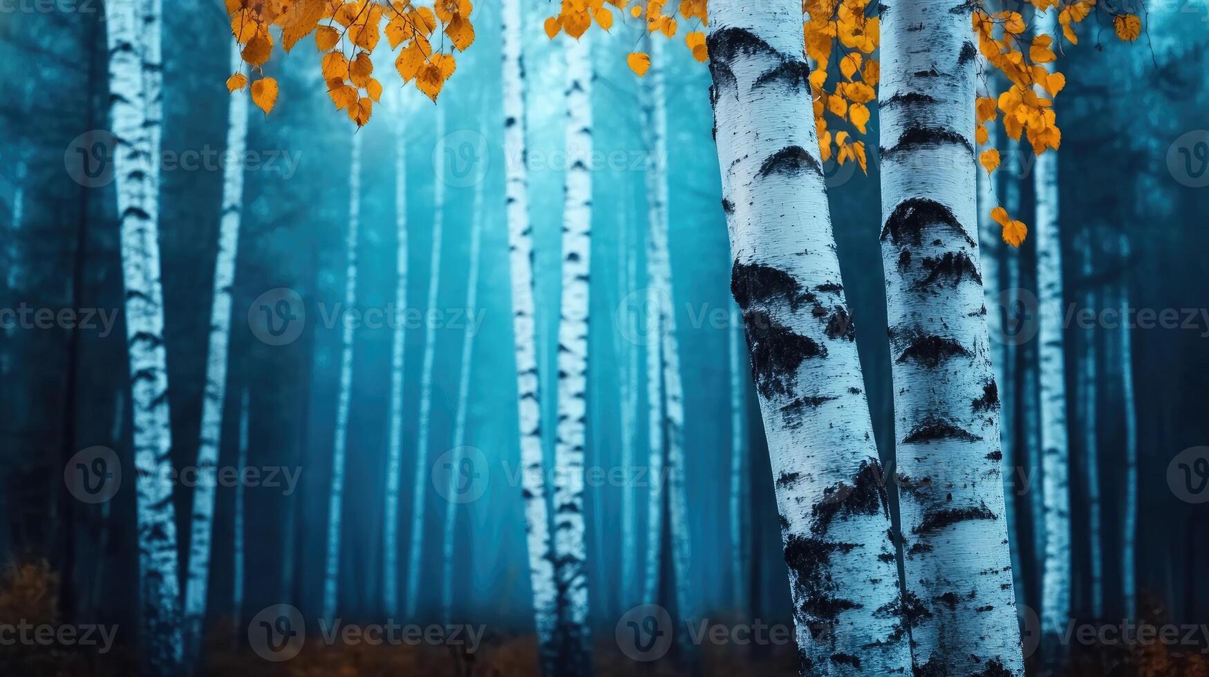 Birch trees with golden leaves in a misty forest photo