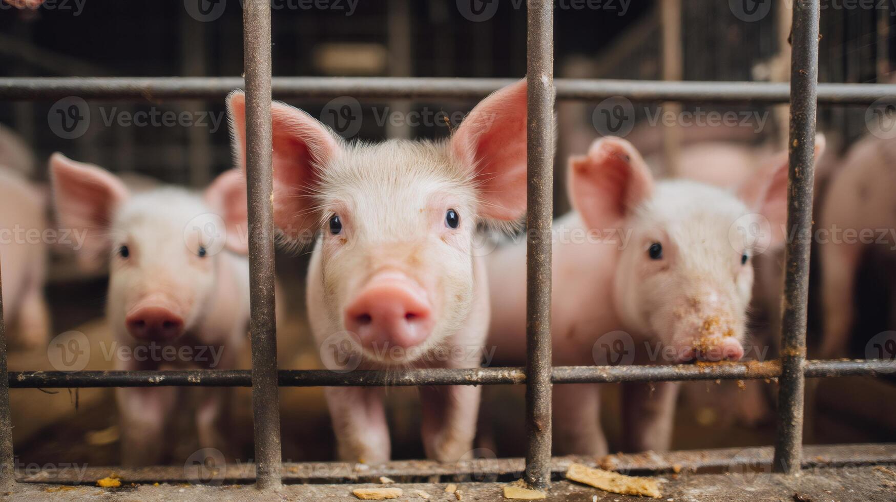 Young pigs standing in pigpen behind metal fence on farm photo
