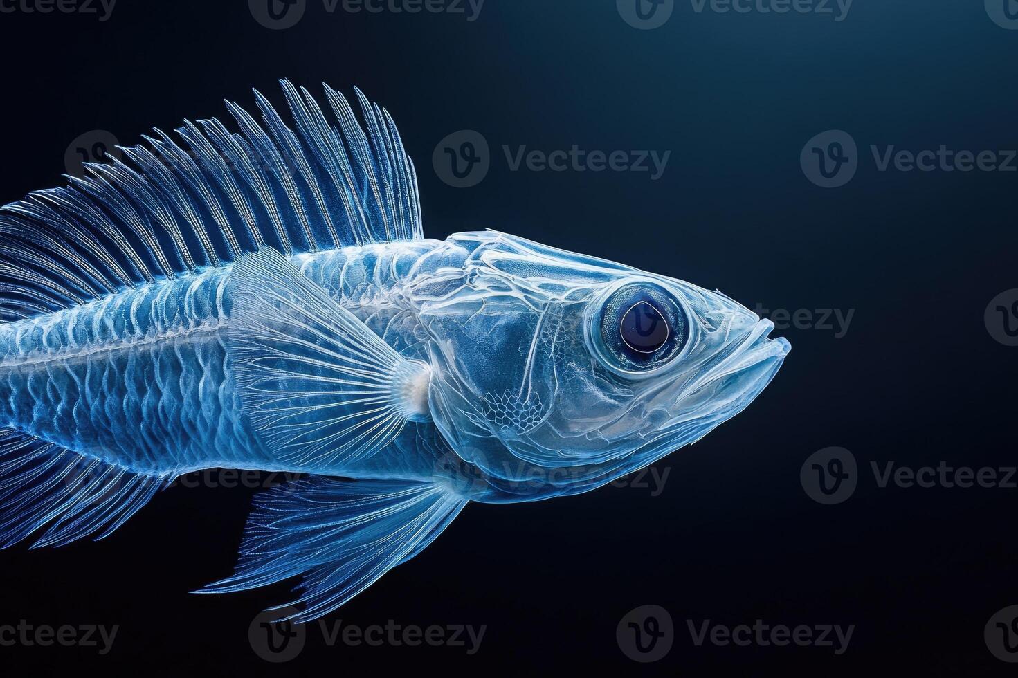 Transparent fish swimming in dark water exhibiting skeletal structure photo