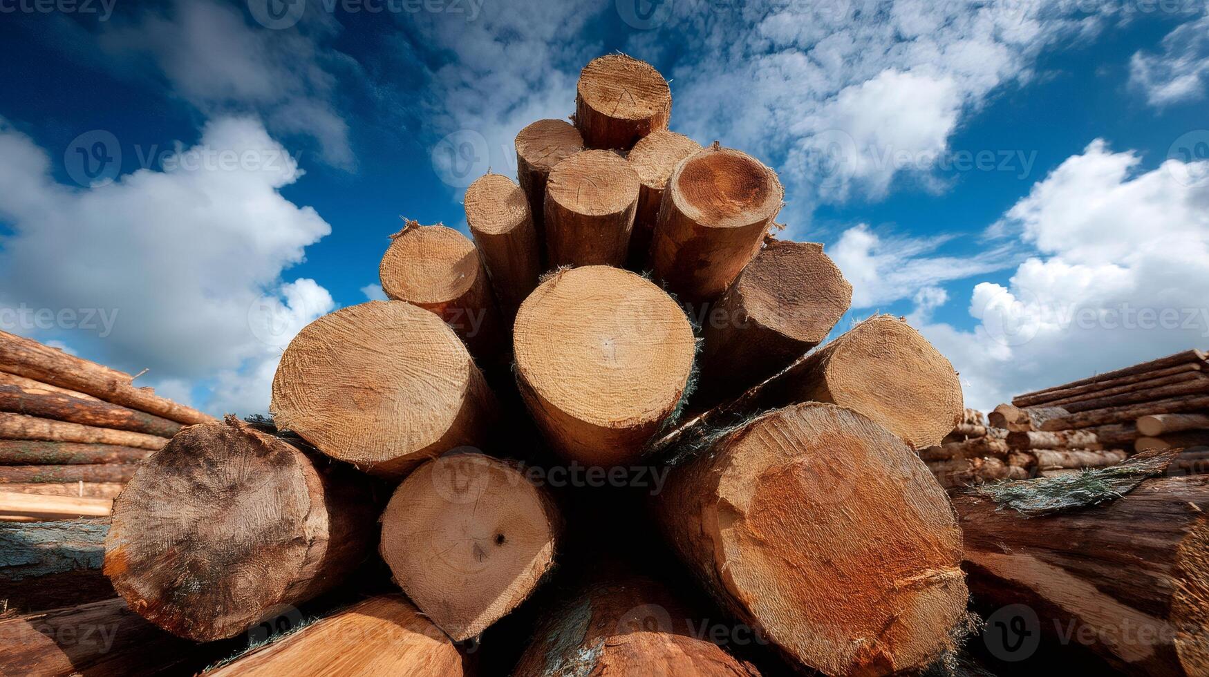 Stacked logs forming a pyramid shape against a blue sky with clouds photo