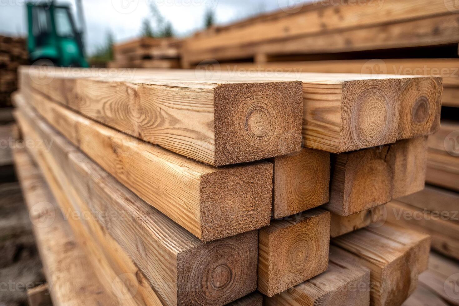 Stack of square logs forming a geometric pattern in lumber yard photo