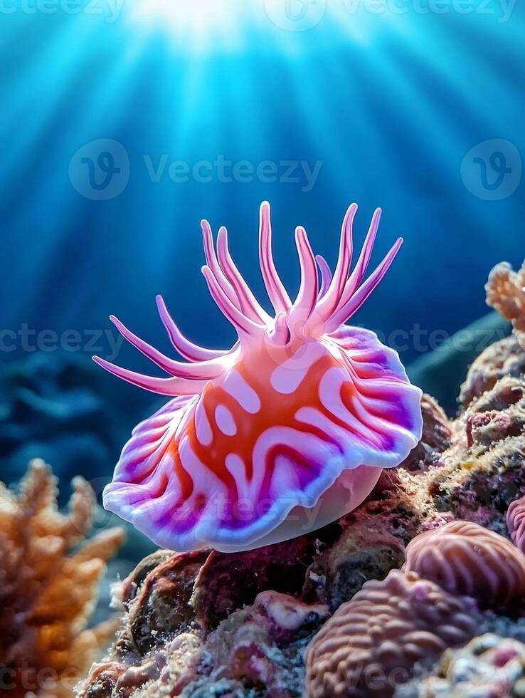 Colorful nudibranch showing its rhinophores and gills in the ocean photo