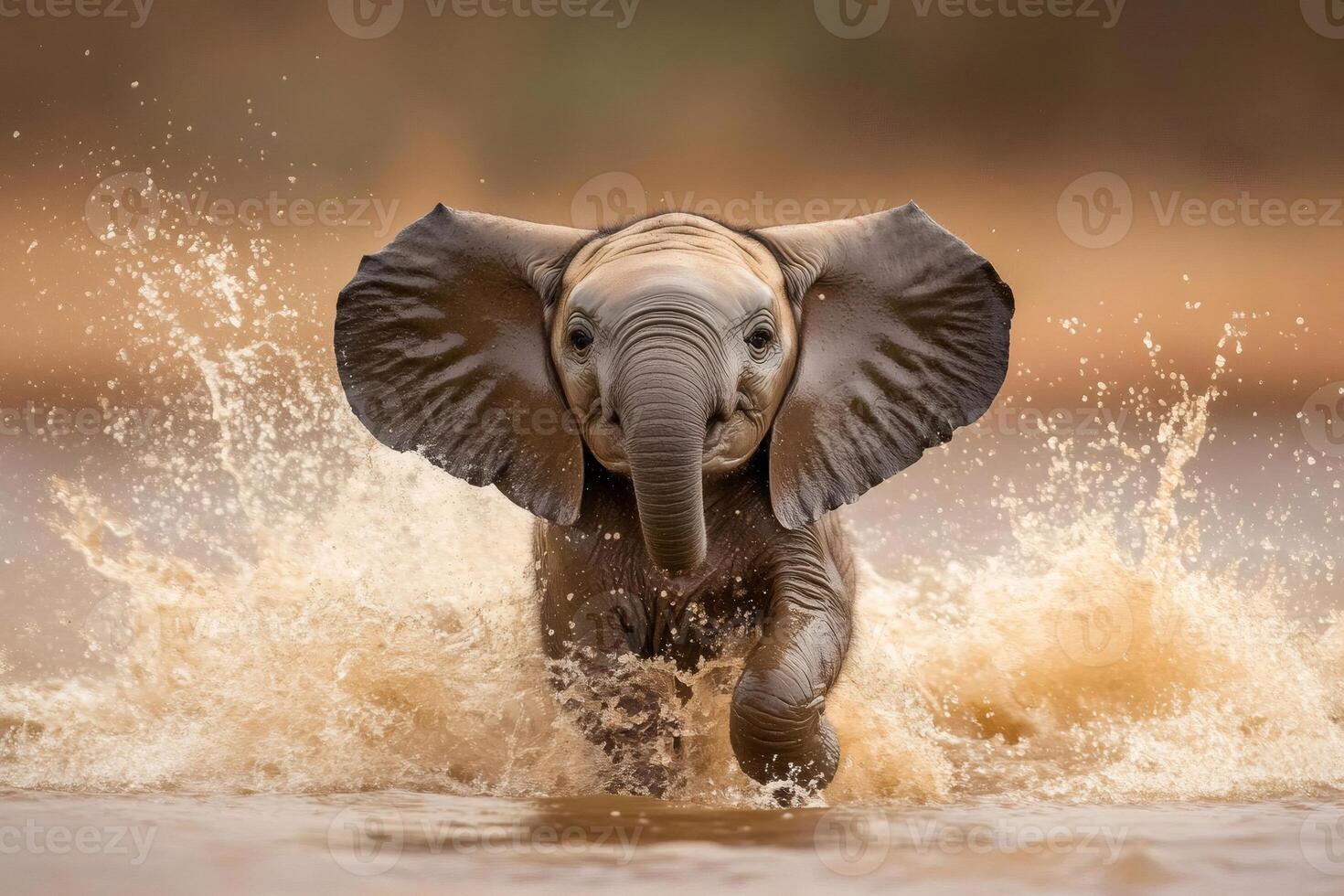 Baby elephant running and splashing through water photo