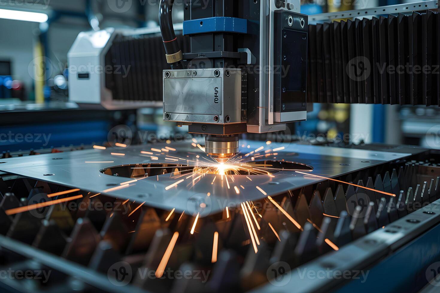 Laser cutting machine making round hole in metal sheet in factory photo