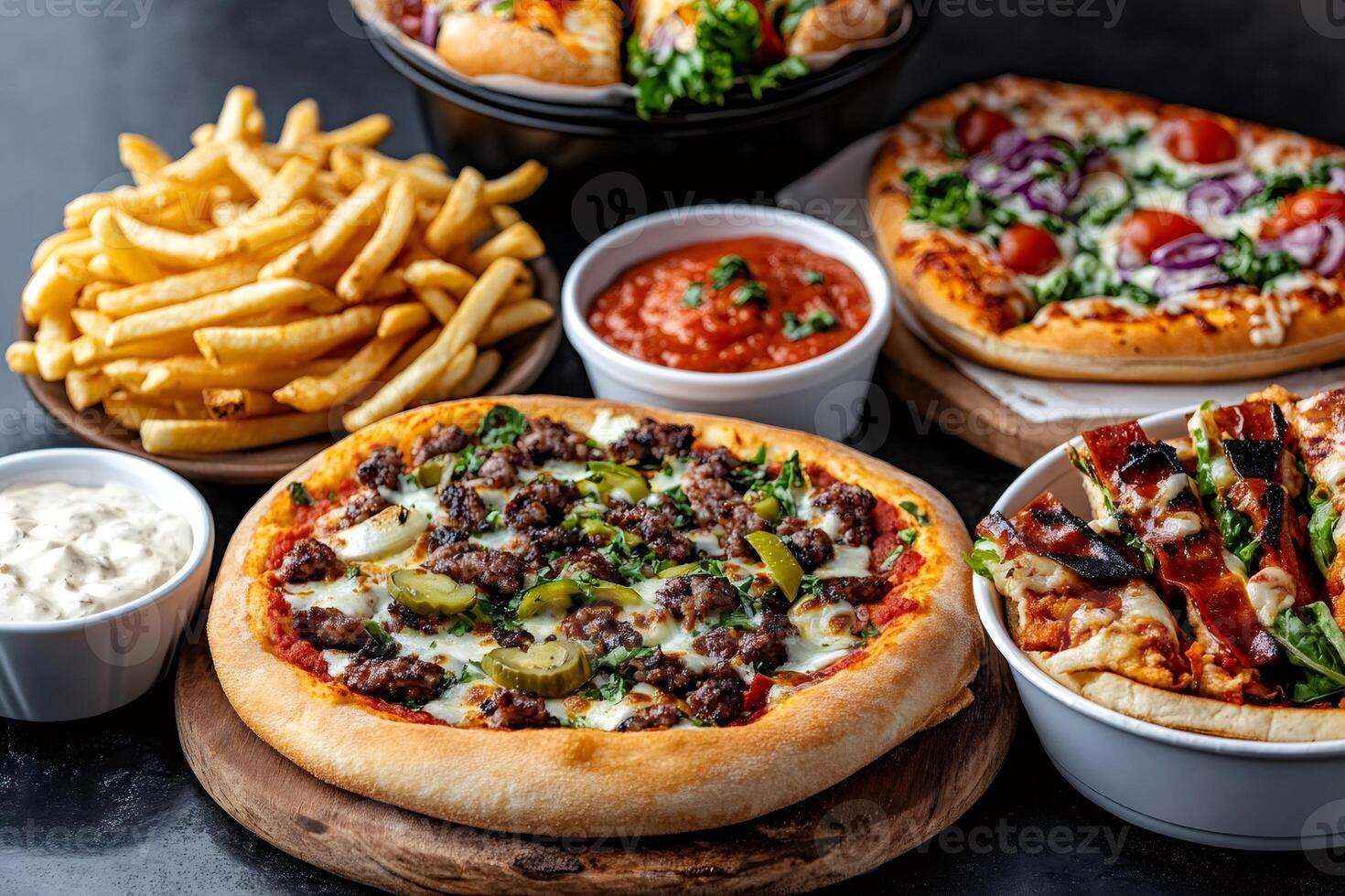 Delicious pizzas with french fries and various sauces creating a feast for the senses photo