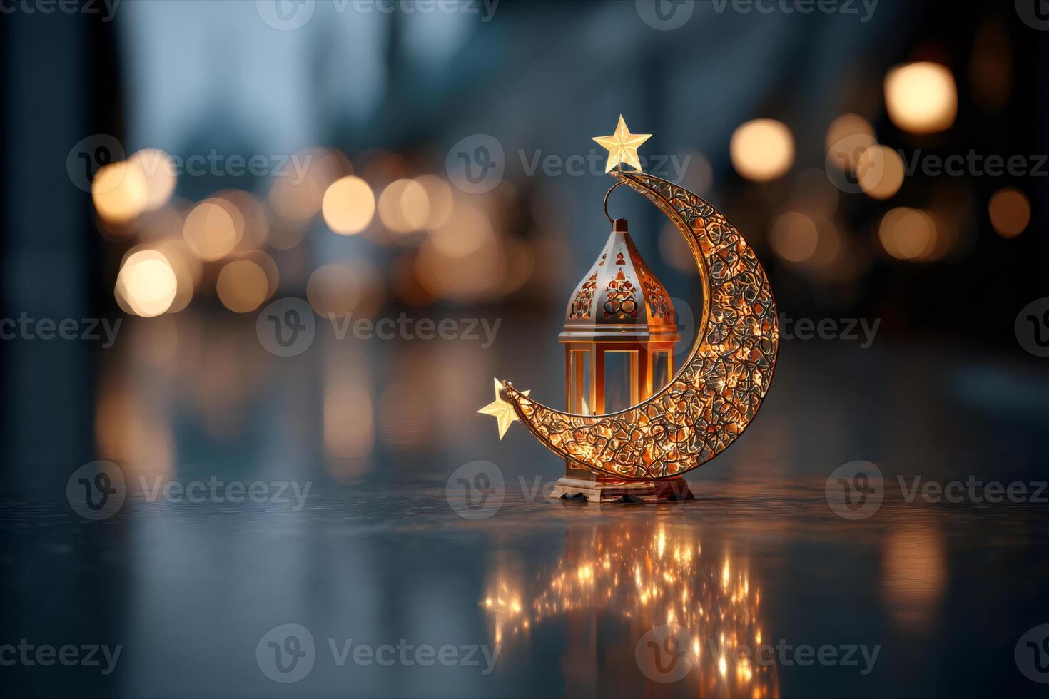 Crescent moon lantern illuminating festive celebration of ramadan kareem photo