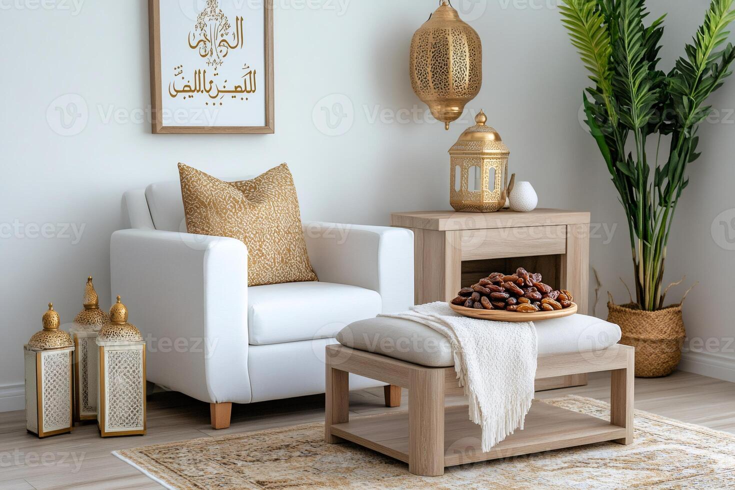 Modern islamic home decor featuring dates, lanterns, and arabic calligraphy photo