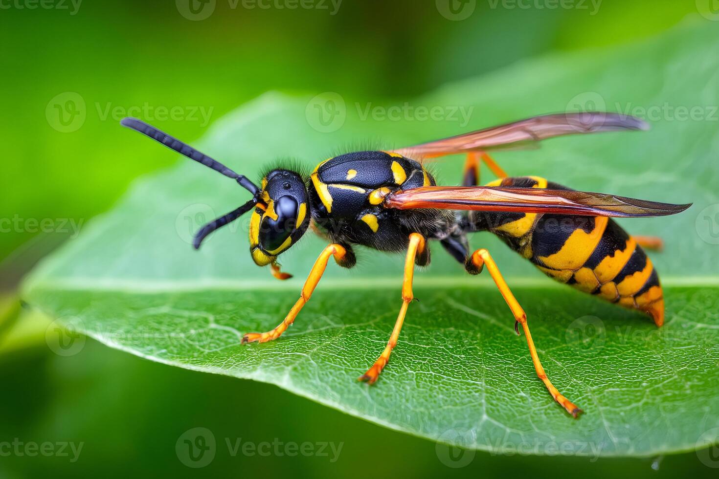 European wasp standing on green leaf in summer photo
