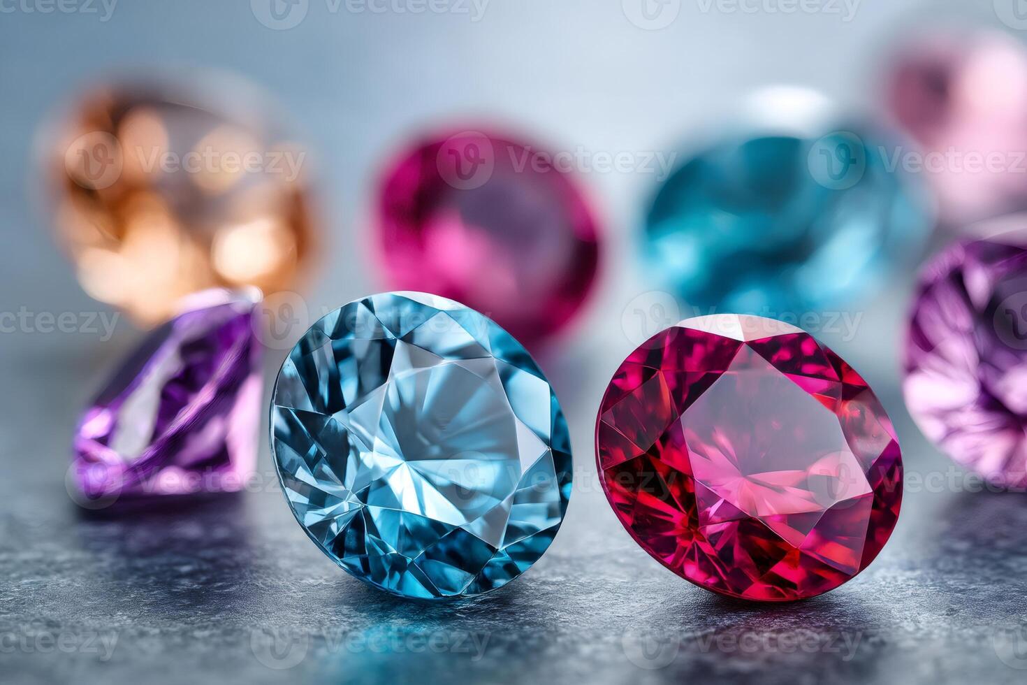 Collection of sparkling colorful gemstones reflecting light photo