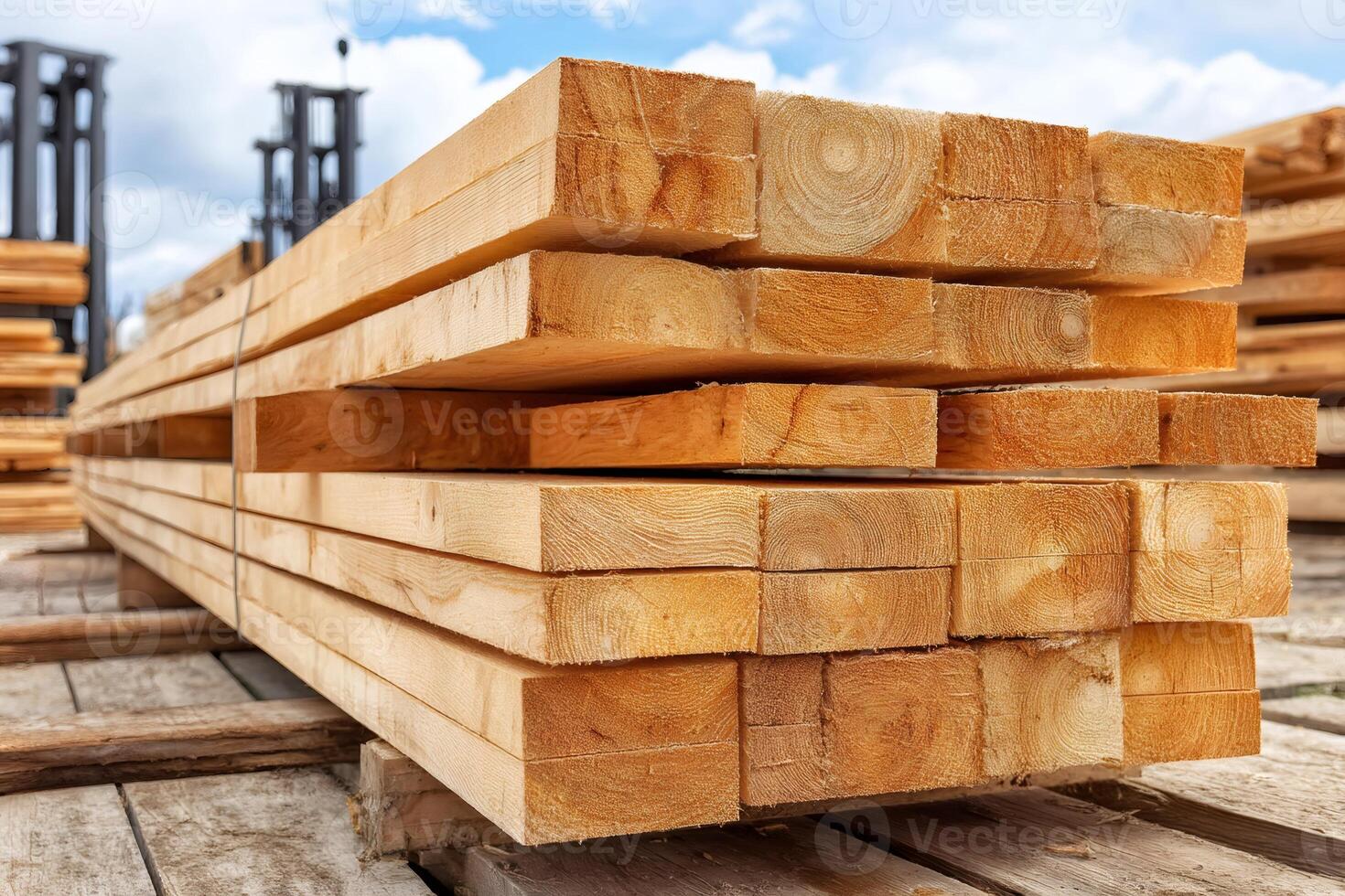 Stack of wooden planks forming a geometric pattern in lumber yard photo