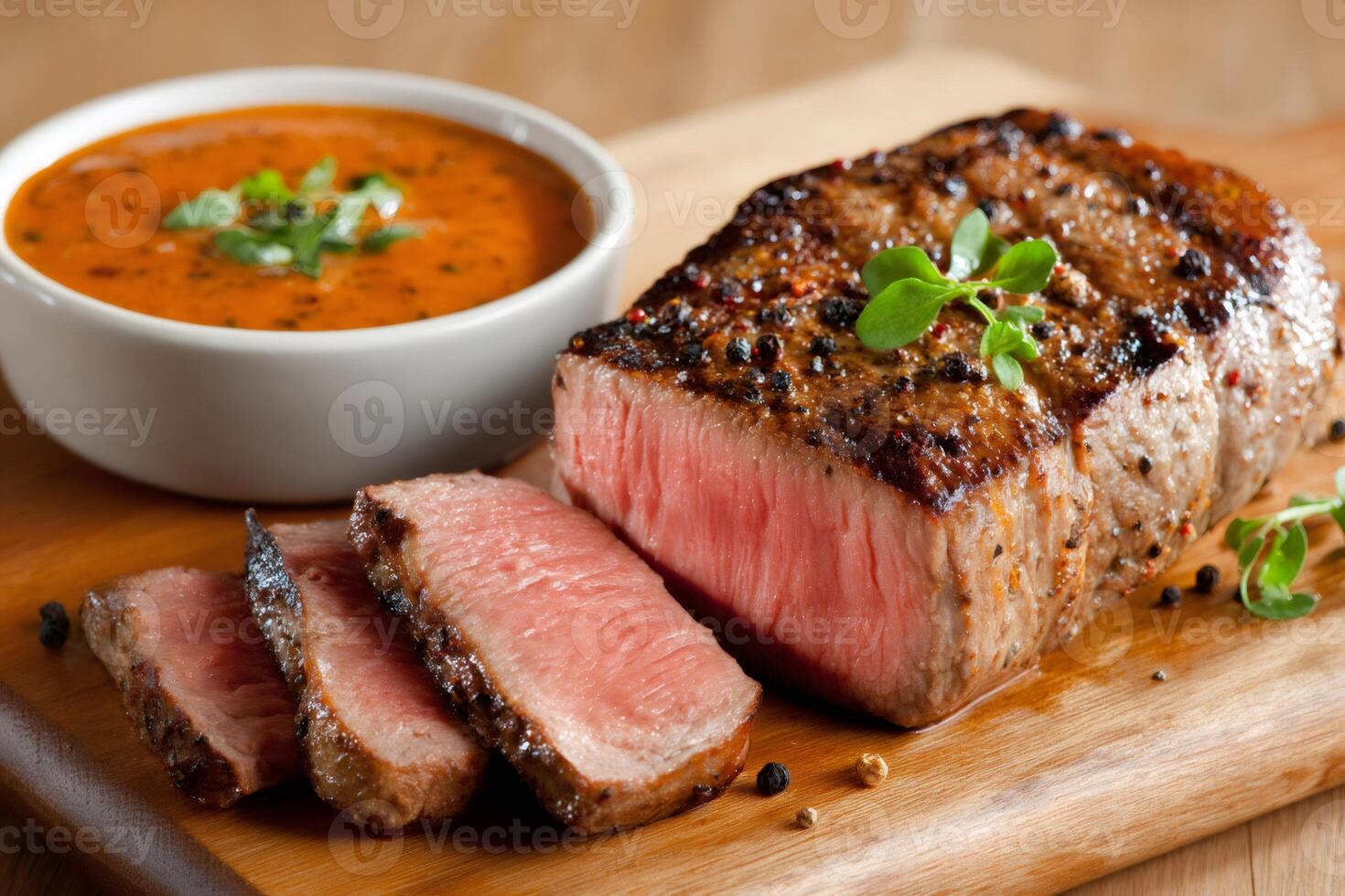 Sizzling grilled steak with sauce and spices on cutting board photo