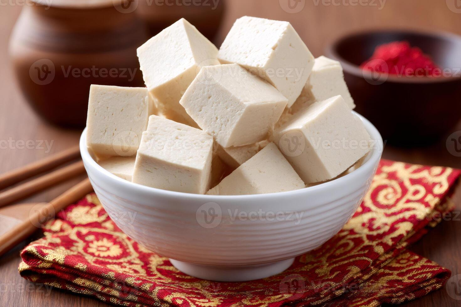 Bowl of diced tofu cubes with chopsticks and red spice on wooden table photo