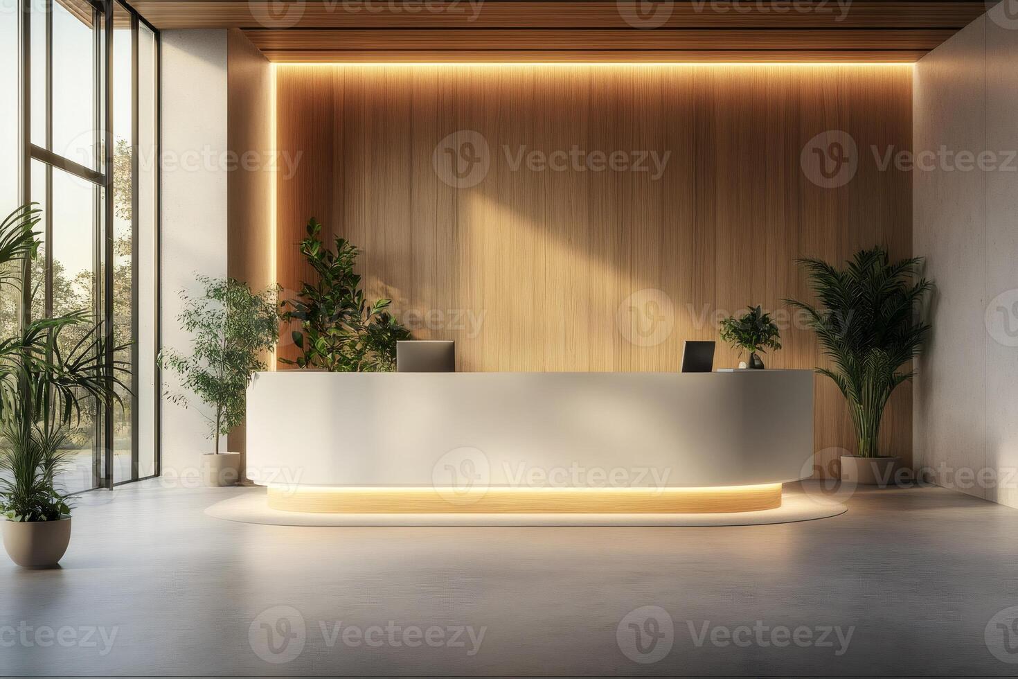 Modern hotel lobby interior with reception desk and plants photo
