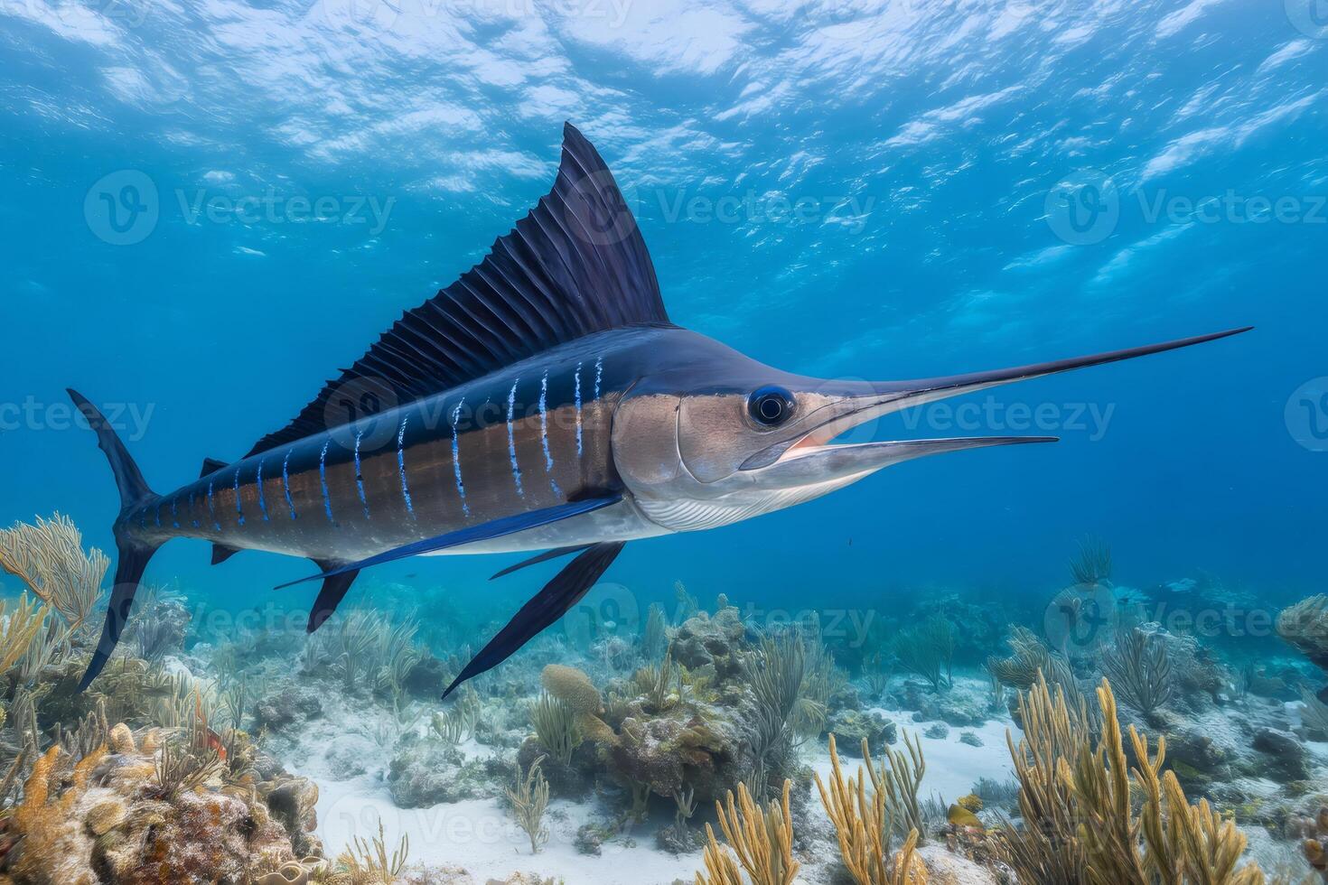 Majestic sailfish swimming over a vibrant coral reef in the ocean photo