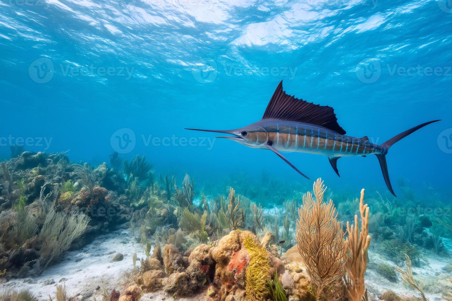 Majestic sailfish swimming over a vibrant coral reef in the caribbean sea photo