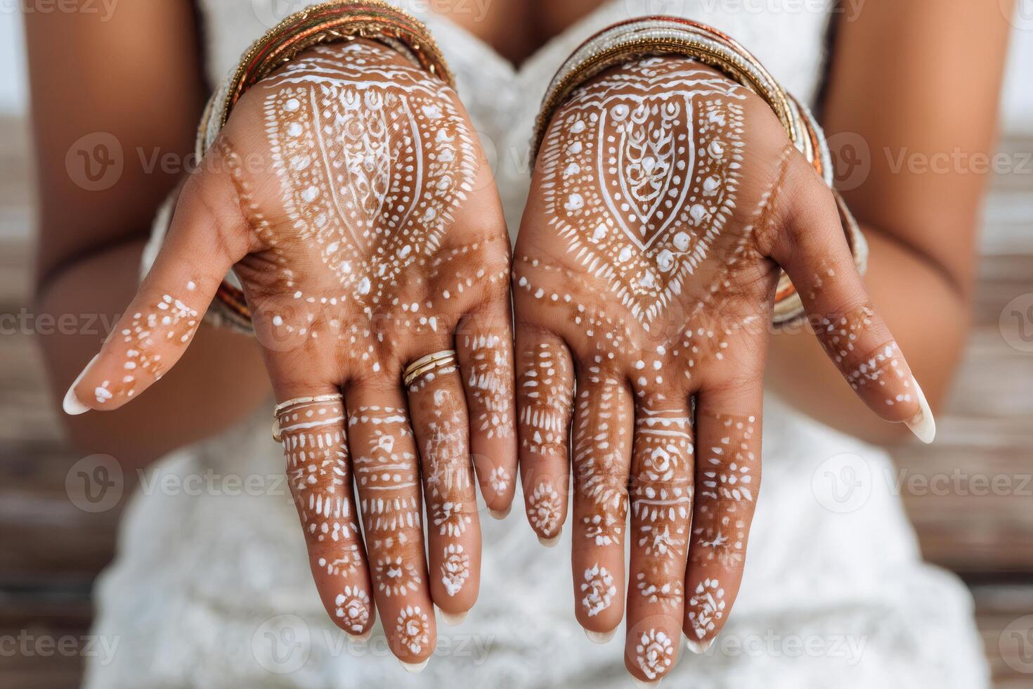 Bride showing white henna tattoo on hands, wearing indian wedding bracelets photo