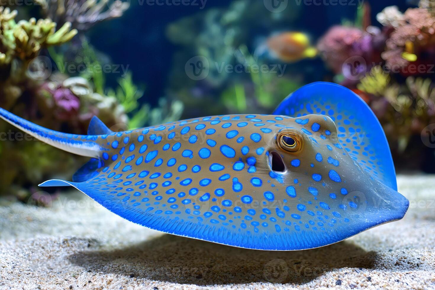Bluespotted ribbontail ray swimming over sandy bottom in aquarium photo
