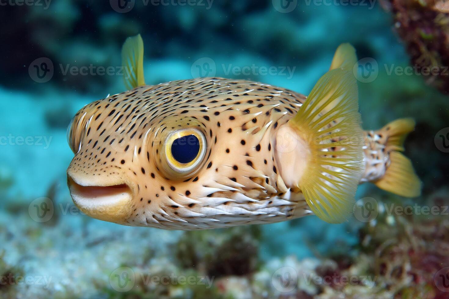 Porcupinefish swimming in turquoise water showing teeth photo