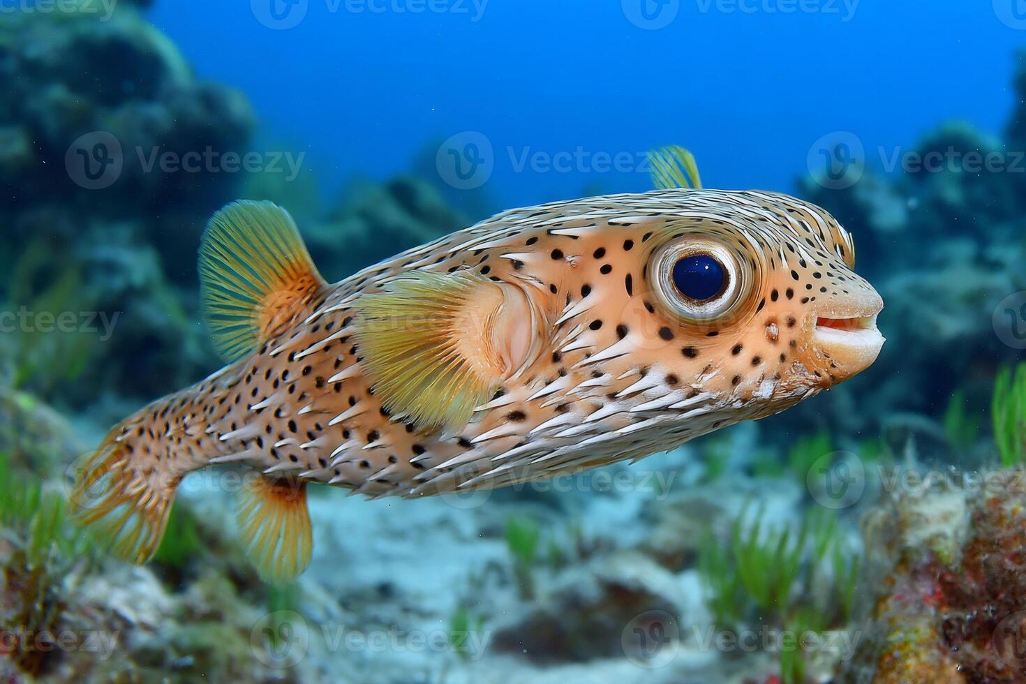Porcupinefish swimming in the ocean showing spines and fins photo