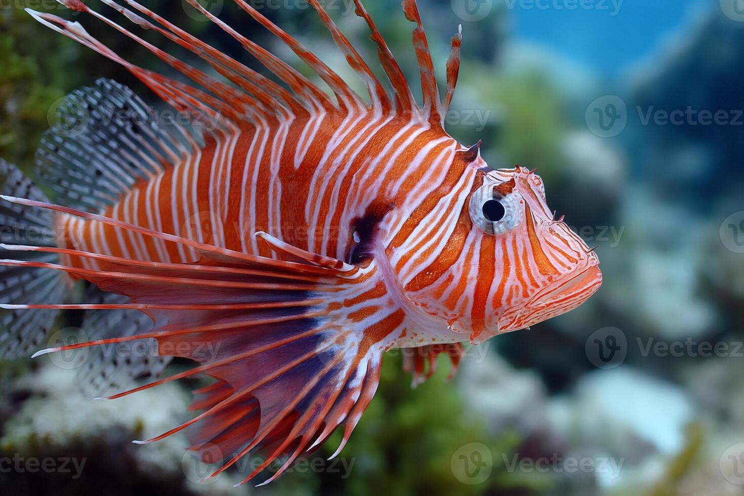 Red lionfish swimming in aquarium with blurred reef in background photo