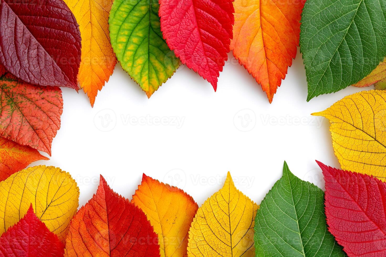 Colorful autumn leaves frame creating white copy space photo