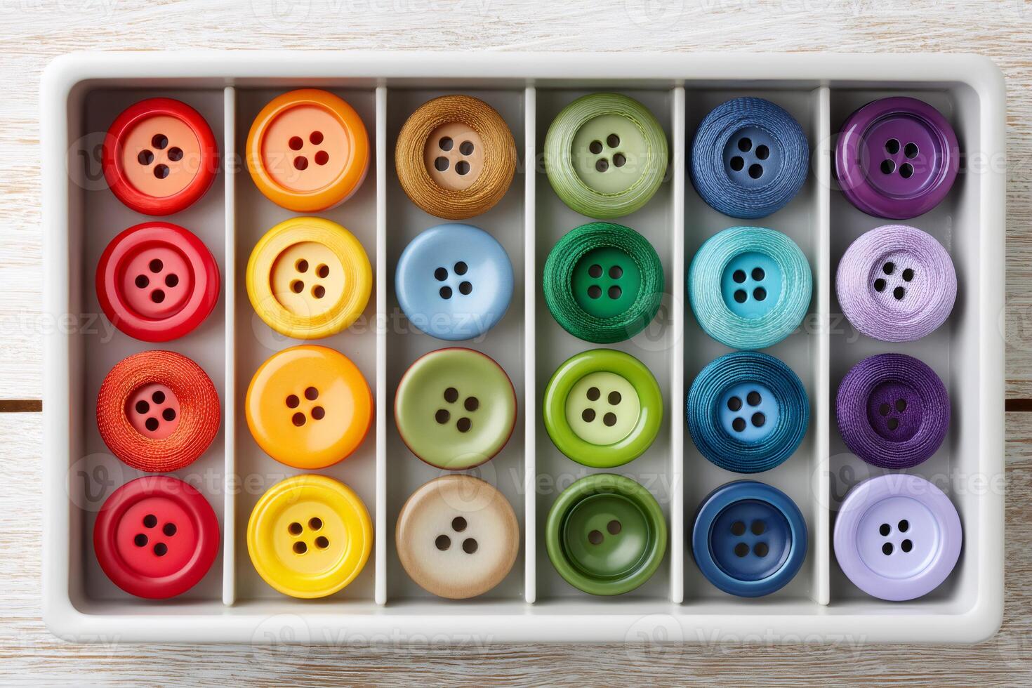 Colorful sewing buttons and thread spools forming a gradient in organizer tray photo