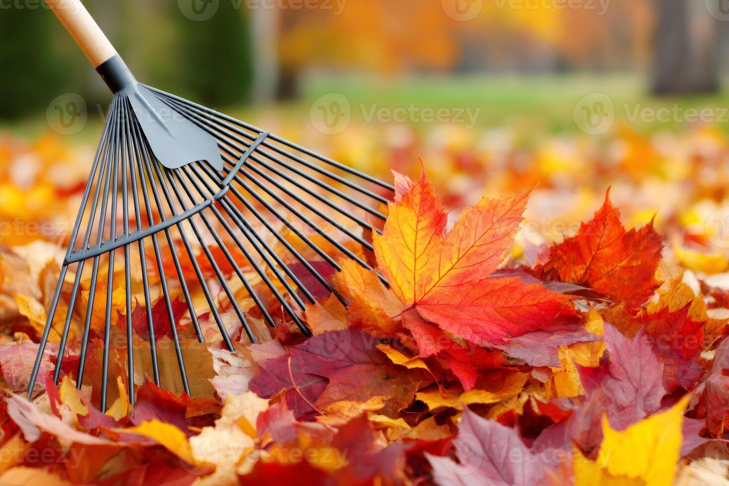Gardener raking colorful autumn leaves in garden photo