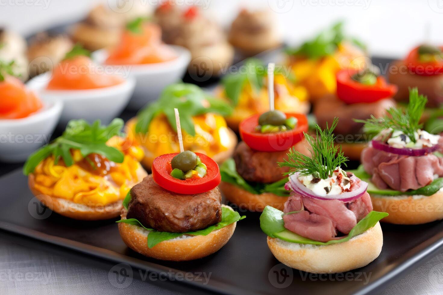 Delicious gourmet canapes with meat, fish, vegetables, and cheese filling catering event tray.. photo