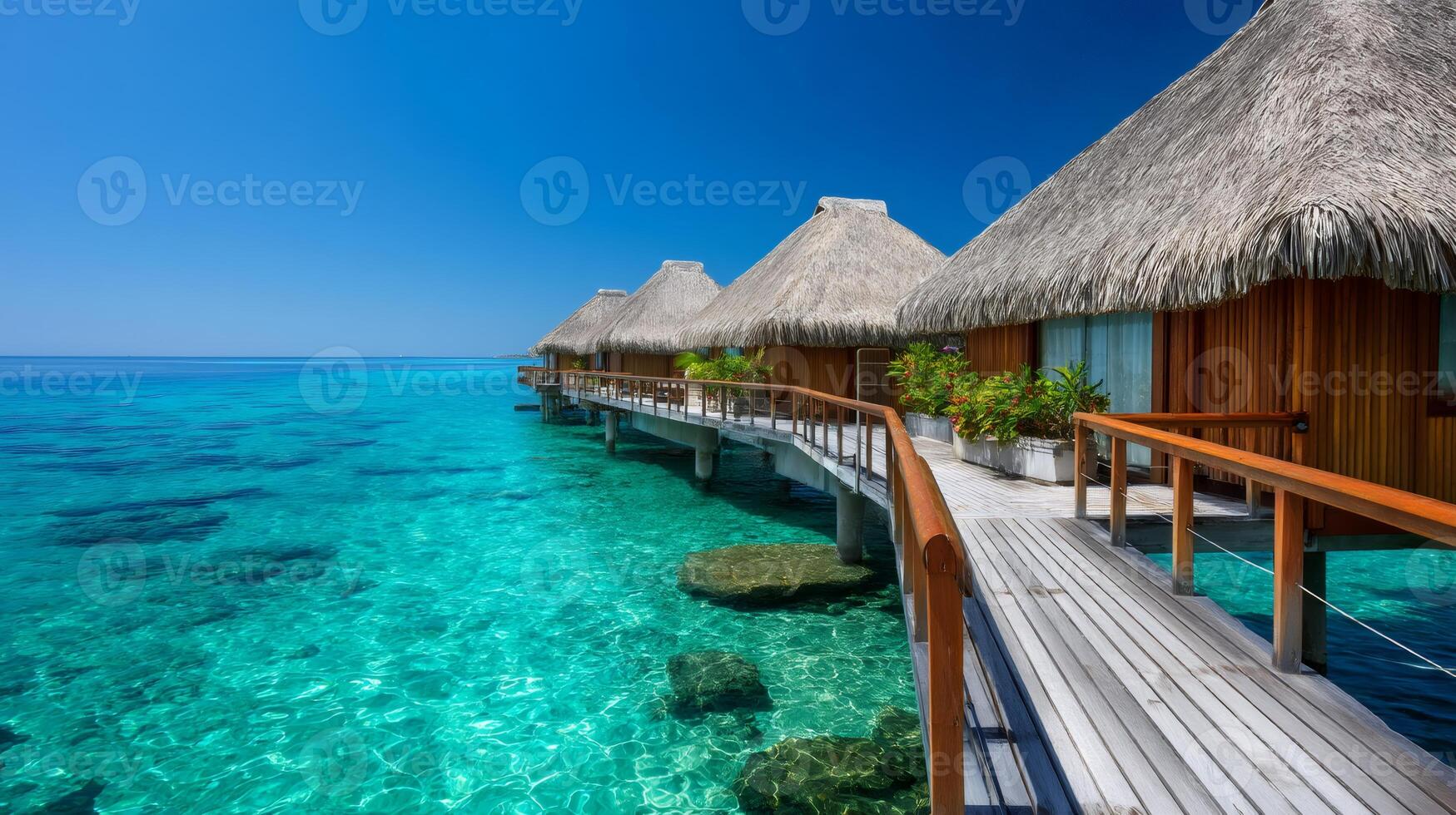 Tranquil scene of overwater bungalows inviting relaxation and luxury in a tropical paradise photo