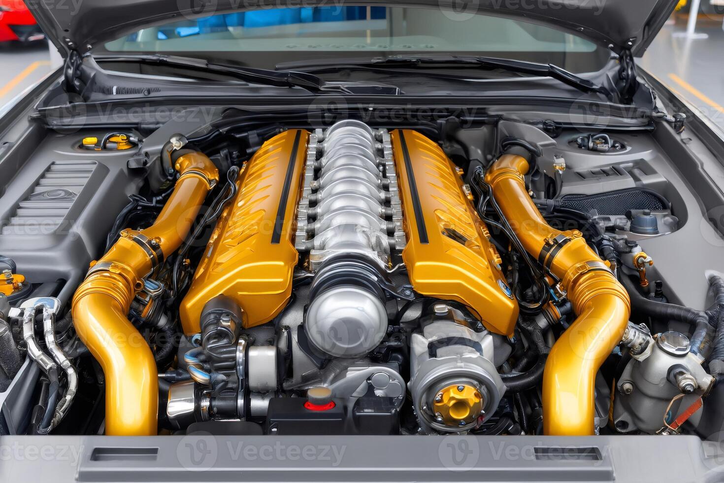 Powerful customized car engine showing gold plated components under hood photo