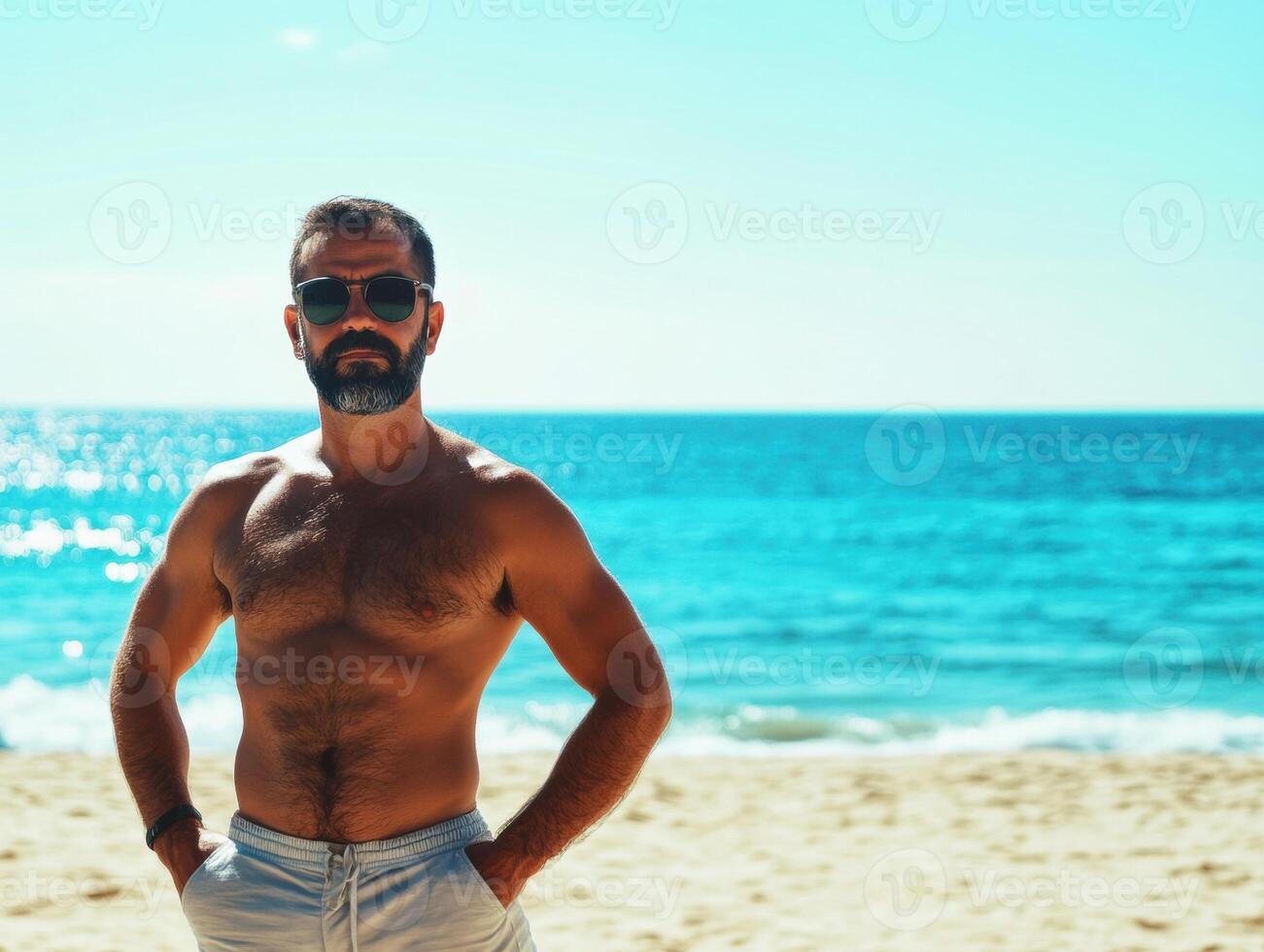 Man enjoying a sunny day at the beach by the ocean waves photo