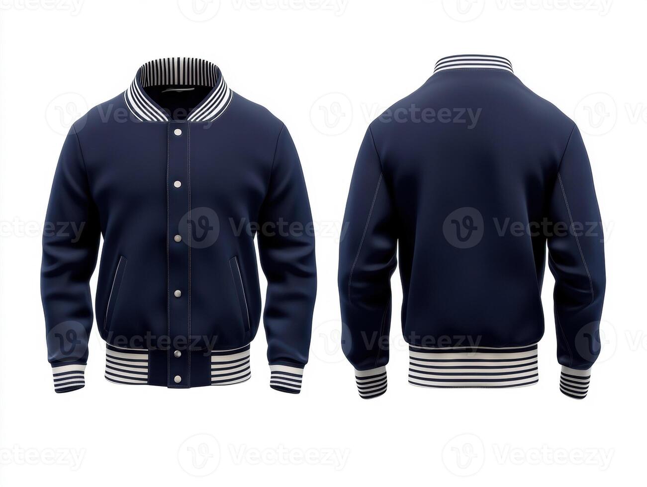 Stylish navy blue varsity jacket with striped cuffs and collar photo