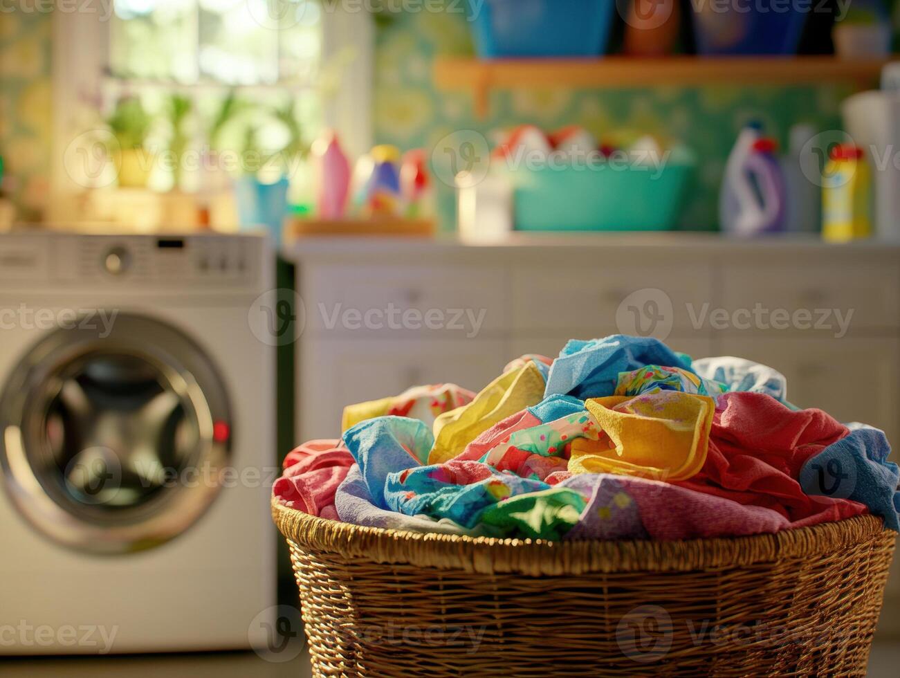 Colorful laundry basket filled with clothes in a bright laundry room photo