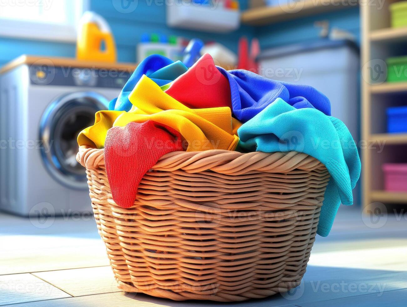 Colorful laundry basket filled with freshly washed clothes in a home photo