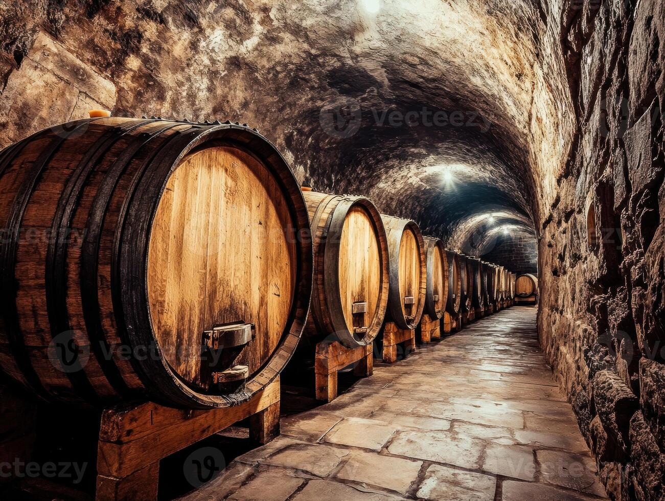 Wine barrels arranged in a rustic cellar with stone walls photo