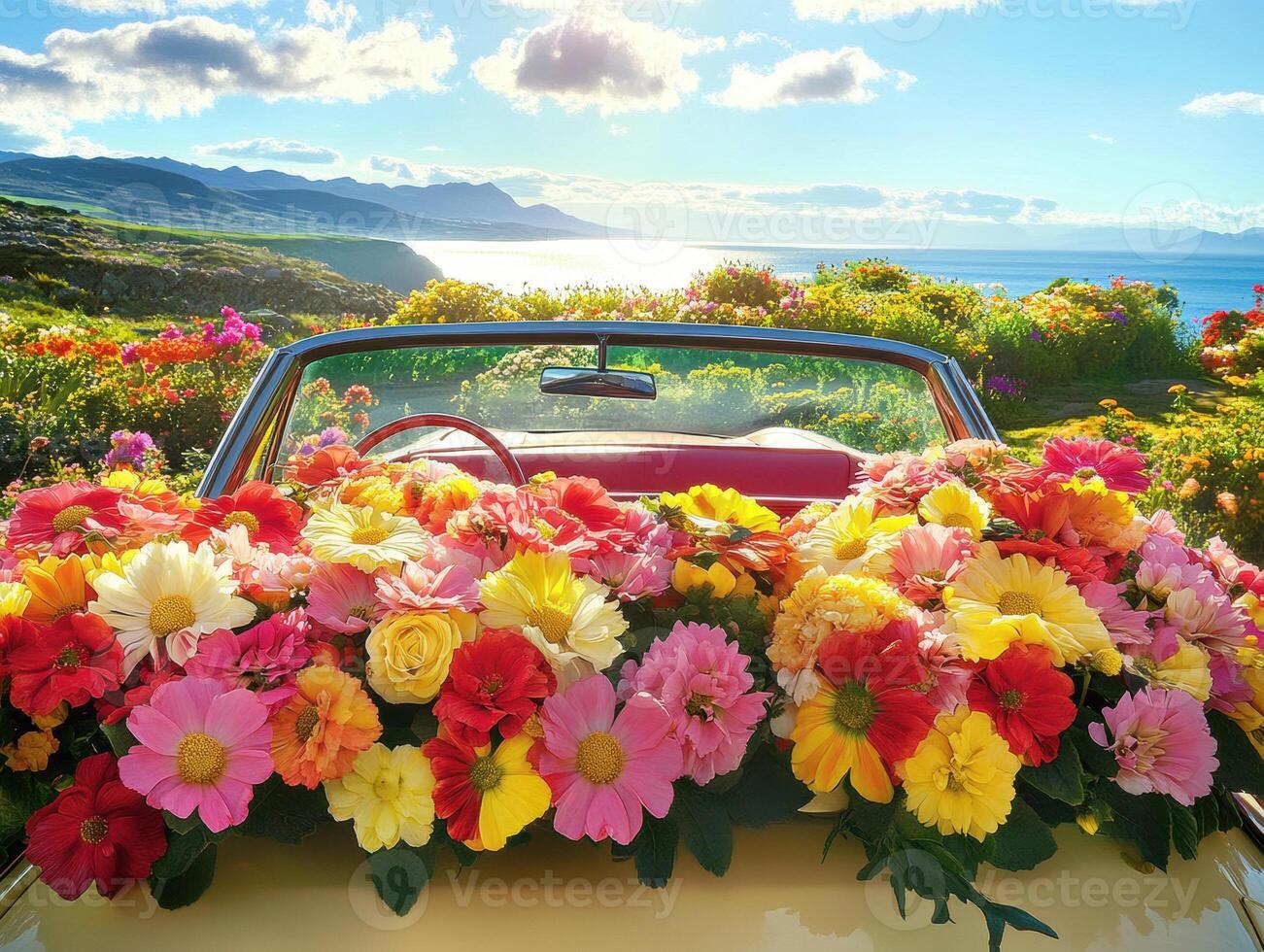 Beautiful convertible surrounded by colorful flowers in nature photo