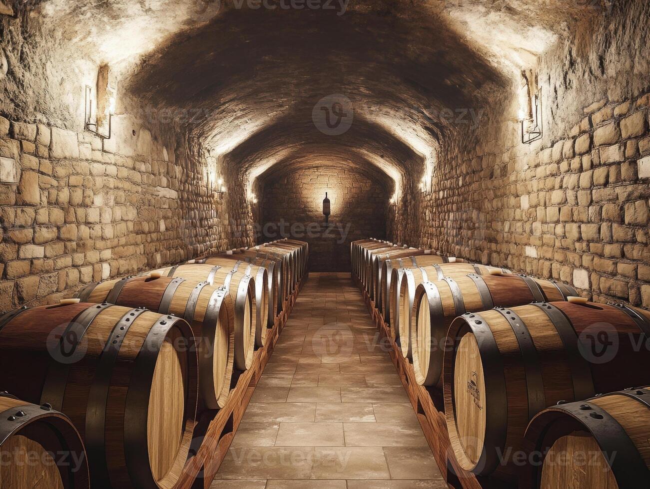Wine barrels lined up in a rustic cellar with stone walls photo