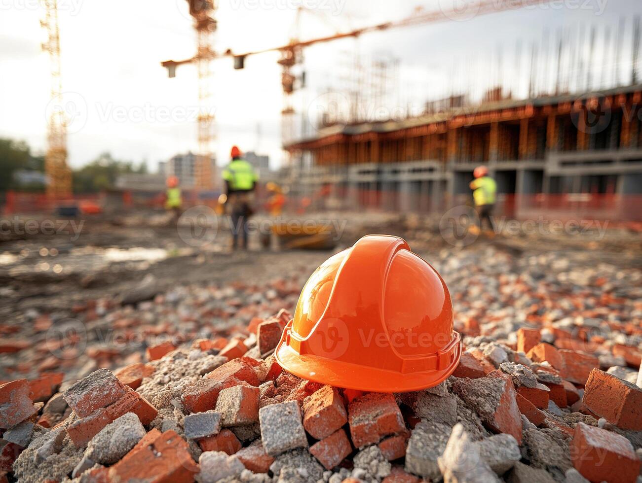Construction workers in safety gear are seen working at a site surrounded by rubble, cranes, and equipment as the sun sets in the background, highlighting an active development phase photo