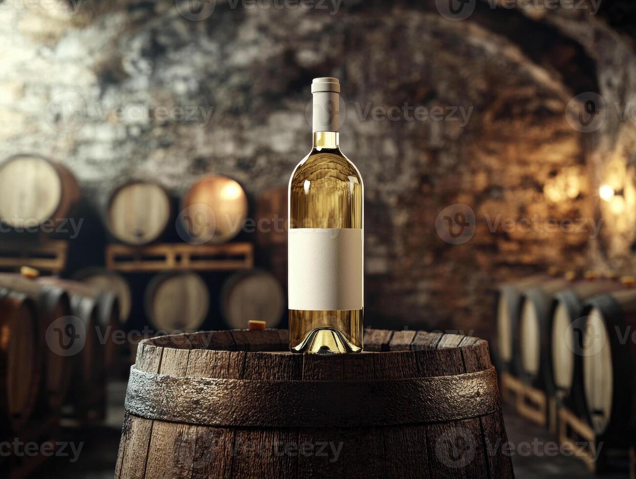 Wine bottle resting on a barrel in a rustic cellar environment photo