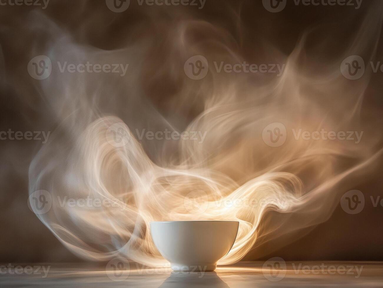 Swirling steam rises from a white bowl in a moody atmosphere photo
