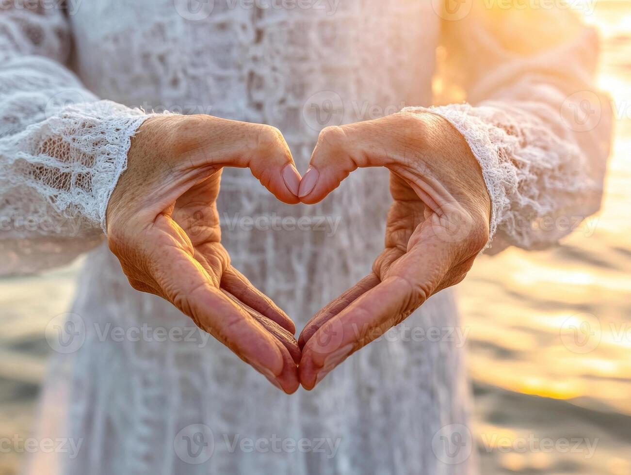 Creating a heart shape with hands at sunset by the water photo