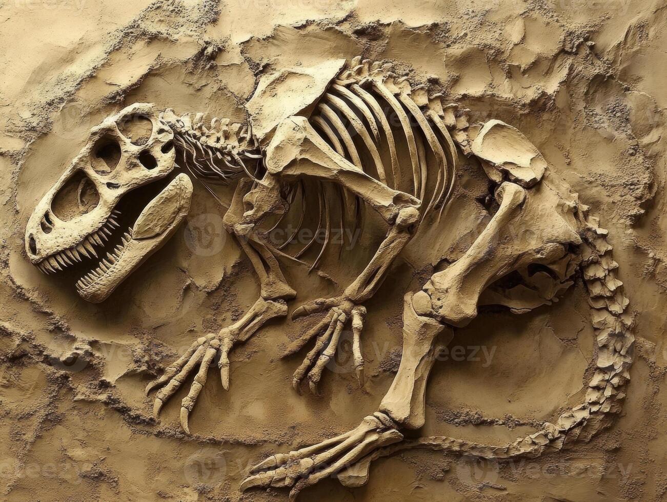 Fossilized skeleton of a large dinosaur displayed in a museum photo