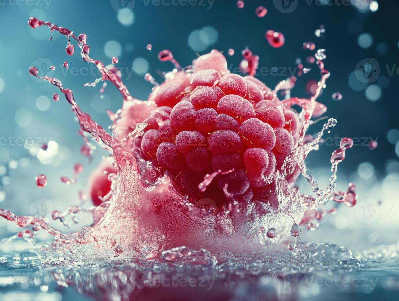 Fresh raspberries create splash in clear water during midday photo