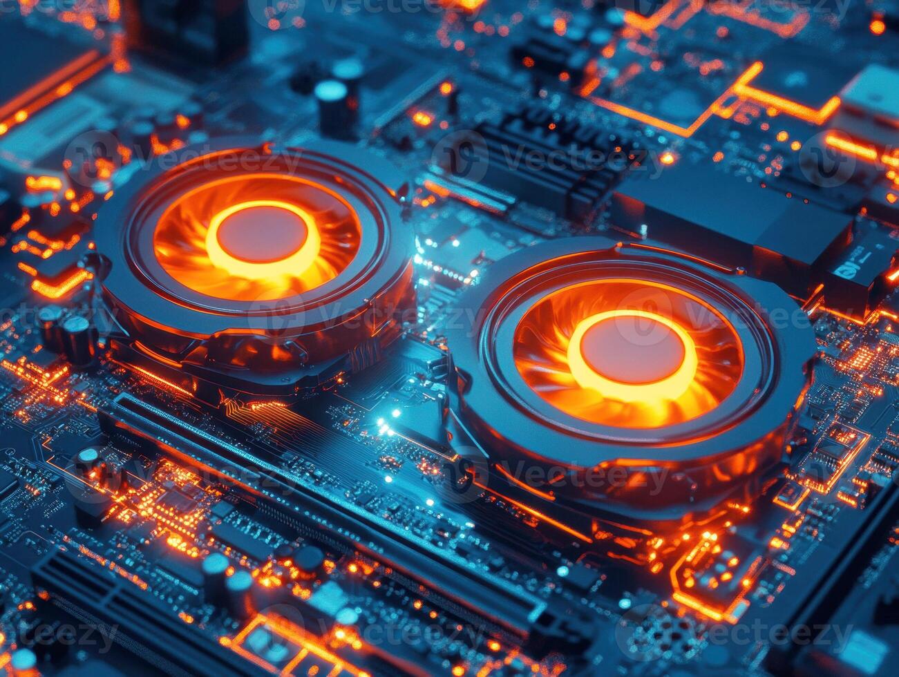 Cooling fans on a computer motherboard glowing with orange light photo