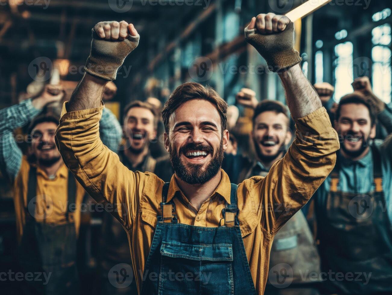 Team of workers celebrating success in industrial workshop photo