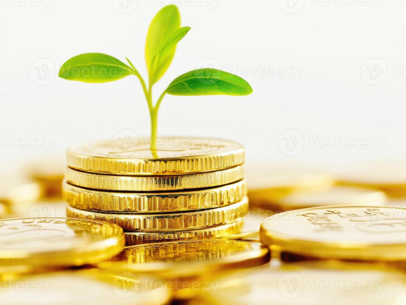Growth of a plant emerging from golden coins symbolizes prosperity photo
